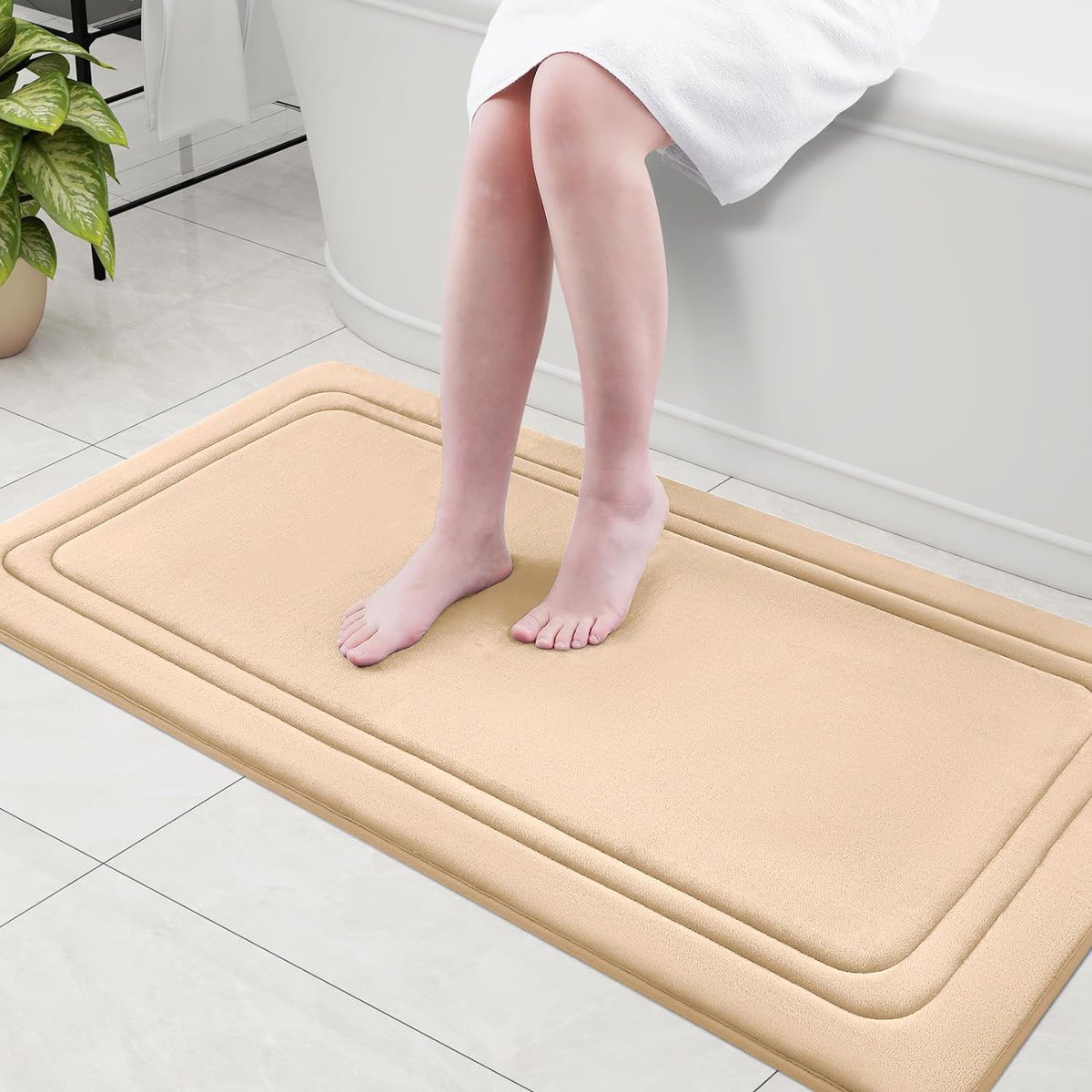 Olanly Badmat Antislip - Absorberende Badkamermat - Douchemat - Badkamermat Van Traagschuim - 61x120 cm - Beige- Super Zacht