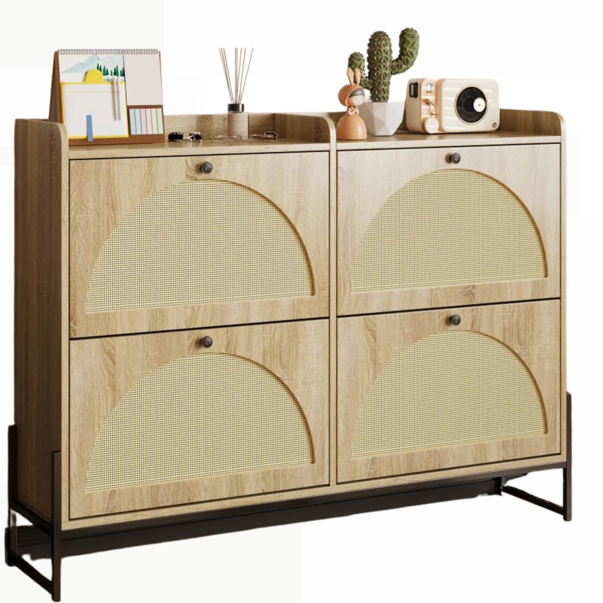 Solayne Kast - Organizer - Schoenenkast - Schoenenrek - Schoenenkast met deuren - Boogontwerp - 121x25x91,5 cm - Hout/Rotan