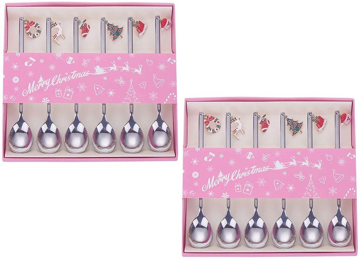 Golden crown - Roestvrij Stalen Koffielepels - Kerstlepels Set - Zilveren Kleur - Dessertlepels - Geschikt voor Thee en IJs - 12 Stuks