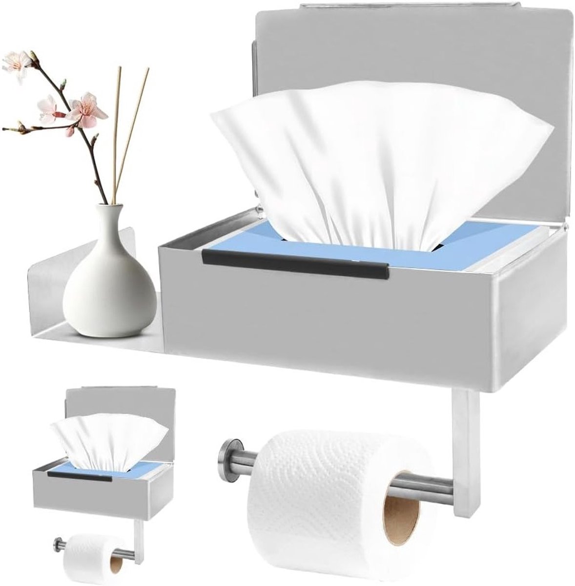 Toiletpapierhouder zonder boren met opbergplank en doos voor natte doekjes, roestvrij staal voor badkamer en keuken, praktische en stijlvolle oplossing voor toiletaccessoires
