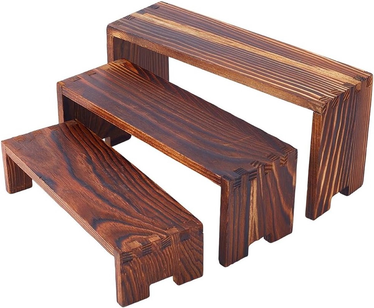 3-Laags Houten Display Riser Set, Onbehandeld Houten Rek voor Sieraden, Cosmetica en Ambachtelijke Collecties, Verkrijgbaar in 3 Maten, Kleur: Kokosnootbruin
