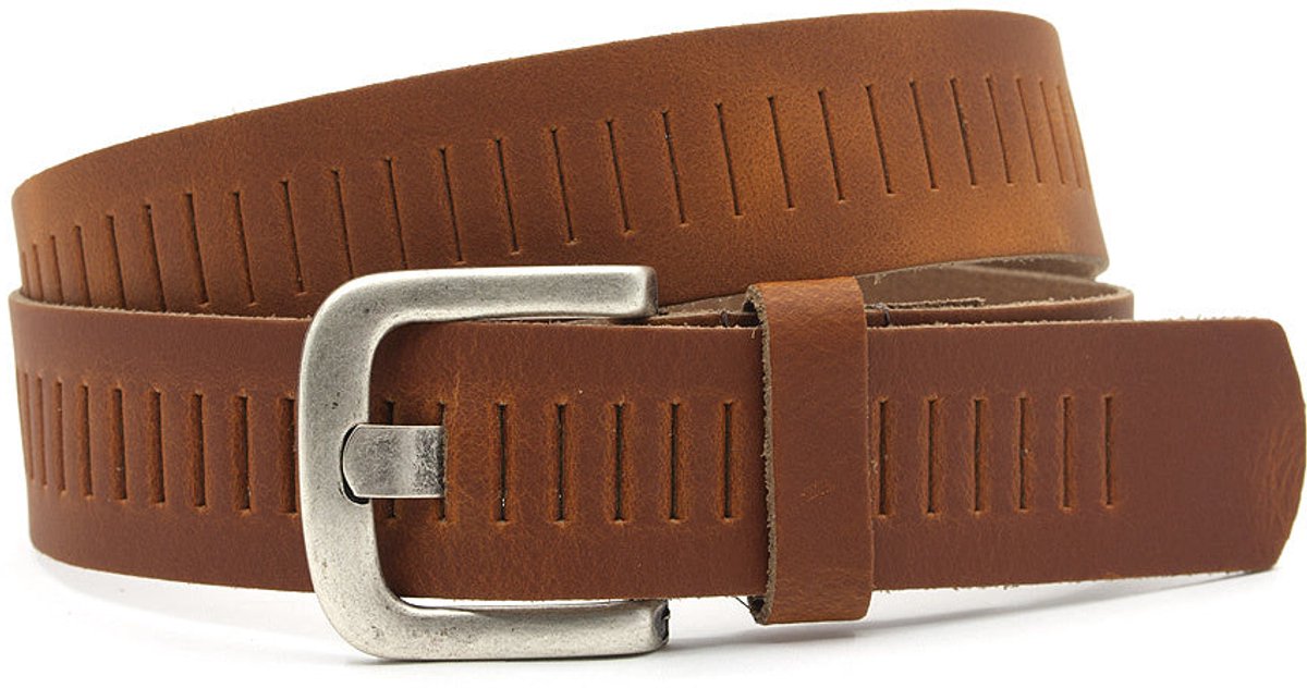 Cognac broekriem met gleufjes - Dames riem - 4 cm breed - Leer - Jeans riem - Casual - Maat 95