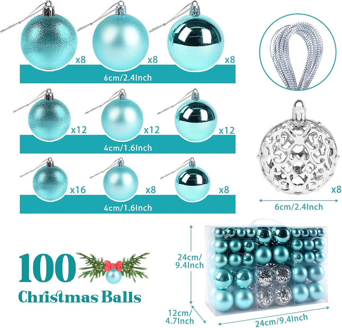 Kerstballen Set - Kerstboom Decoratie - Feestelijke Versiering - Onbreekbaar Plastic - 100 stuks - Blauw Zilver – foto 2