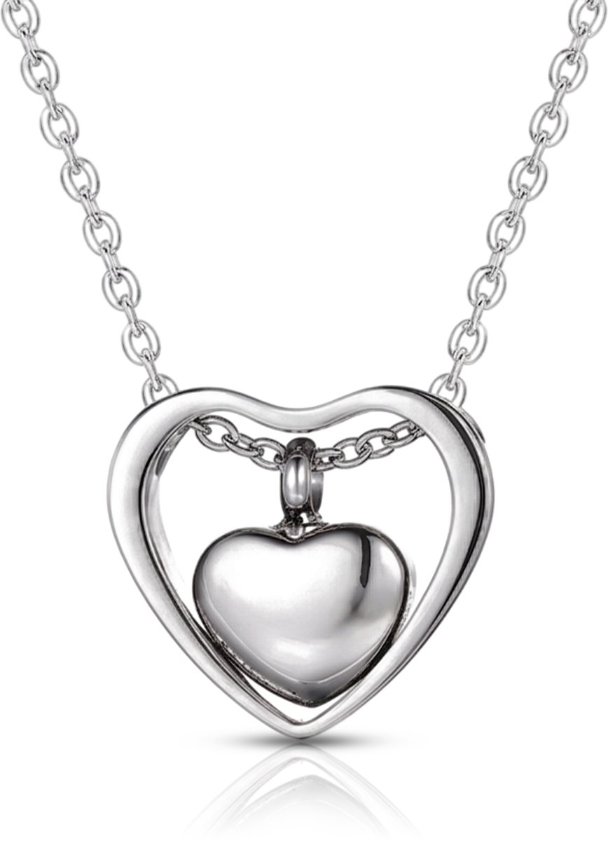 As Hanger Hart Zilver met Zilverkleurig Hartje – Mini Urn Ketting – Herinneringssieraad – RVS – Inclusief Ketting & Vulsetje