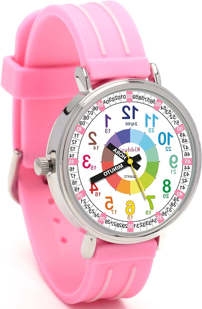 Kinderhorloge - Kindertijd Leren - Tijd Leren - Geleerde Wijzers - 33mm Wijzerplaat - Roze Hartjes