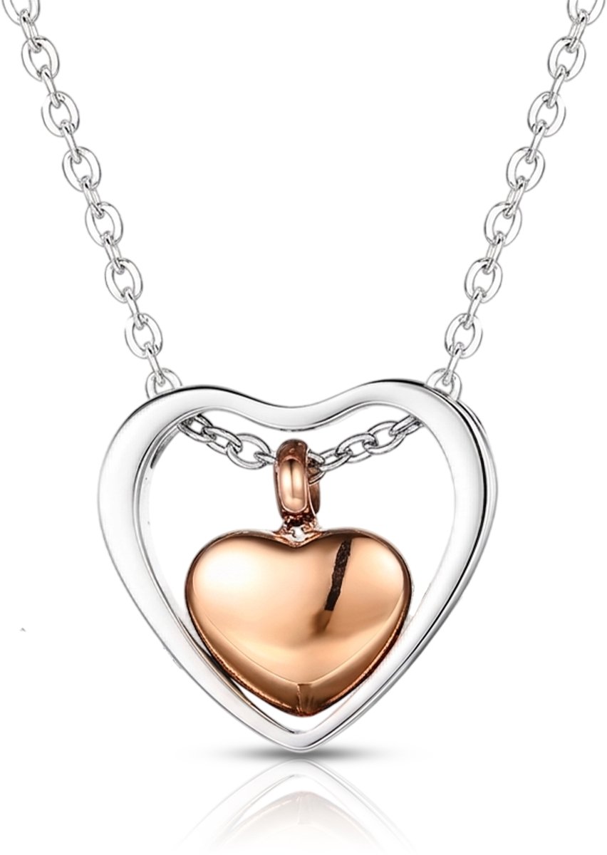 Akerz As Hanger Hart Zilver met Rosé Gouden Hartje – Mini Urn Ketting – Herinneringssieraad – RVS – Inclusief Ketting & Vulsetje