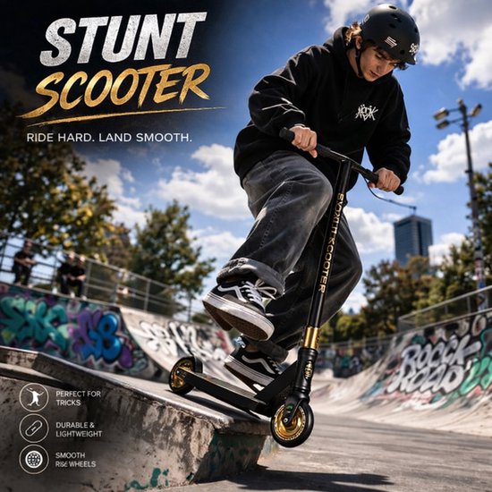 Suotu Stuntstep - Step - Kinderstep - Speelgoed Jongens/Meisjes - Maximale stuurhoogte: 78 cm - Aluminium - Zwart/Goud