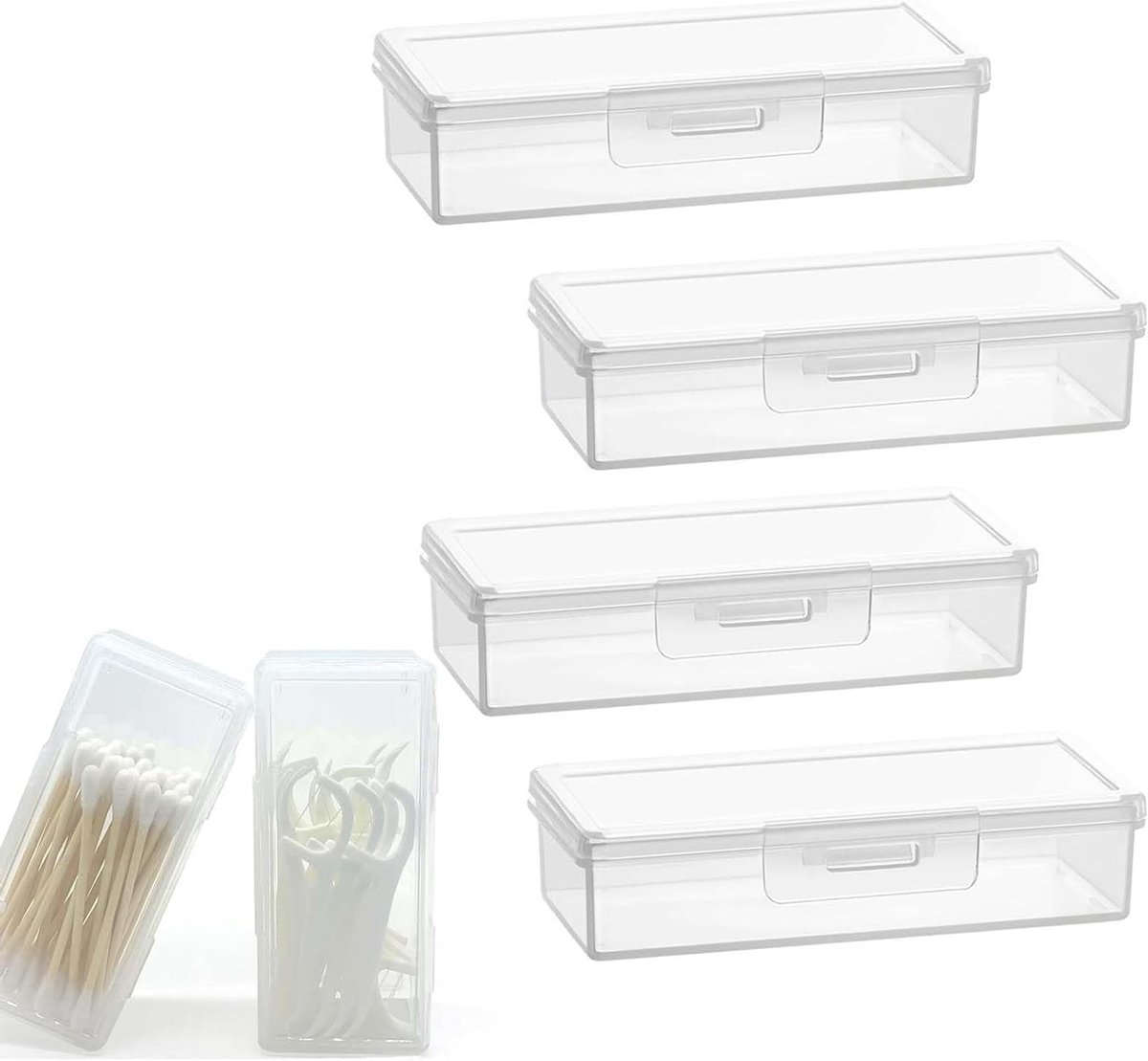 Draagbare en Transparante Opbergdoos voor Wattenstaafjes met Stofdicht Deksel - 4 Stuks, Ideaal voor Reizen en Organisatie van Schoonmaakaccessoires