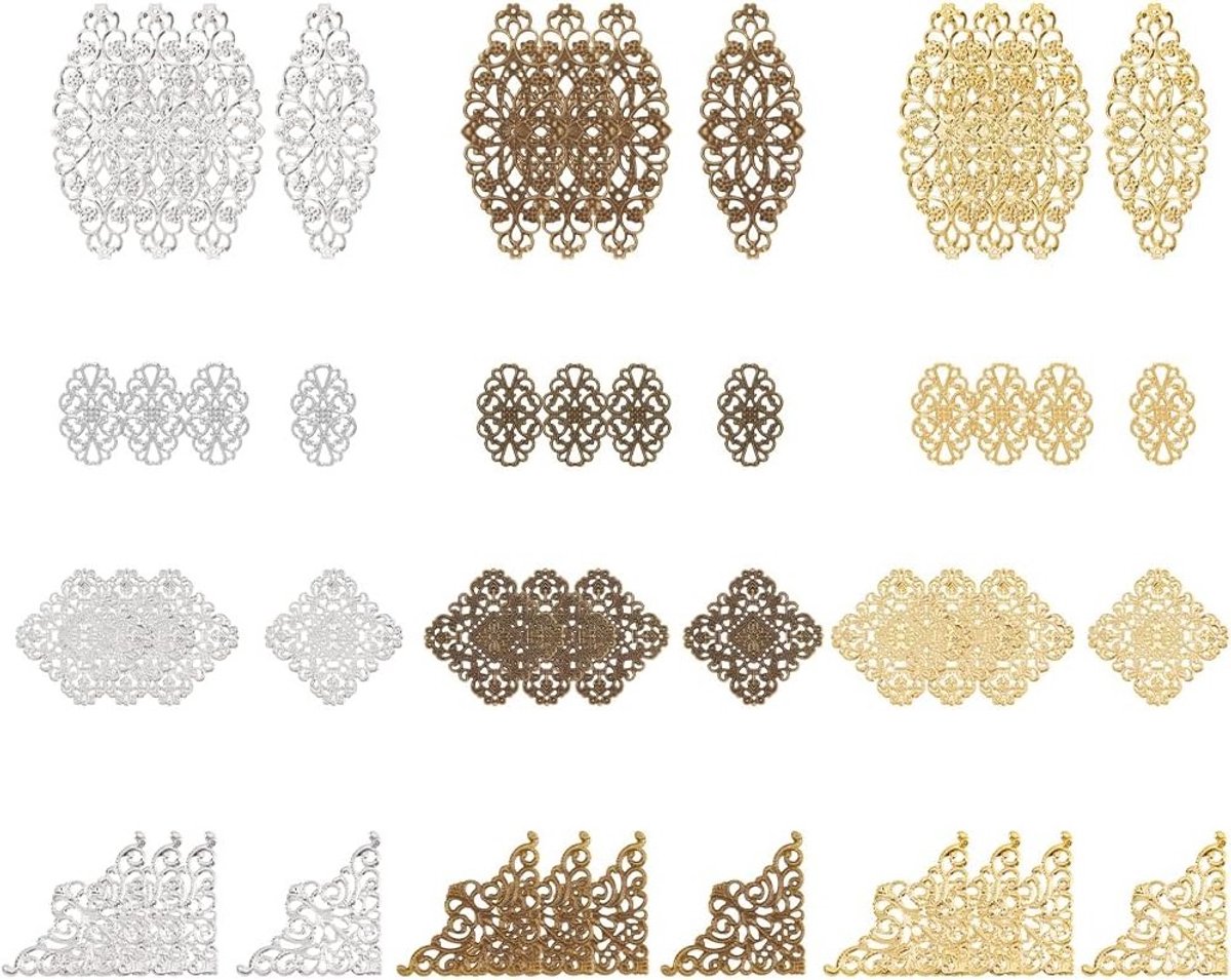 60 Stuks Filigree Wrap Charms en Pendant Connectors in 3 Kleuren en 4 Maten voor DIY Haaraccessoires, Sieraden en Oorbellen Maken