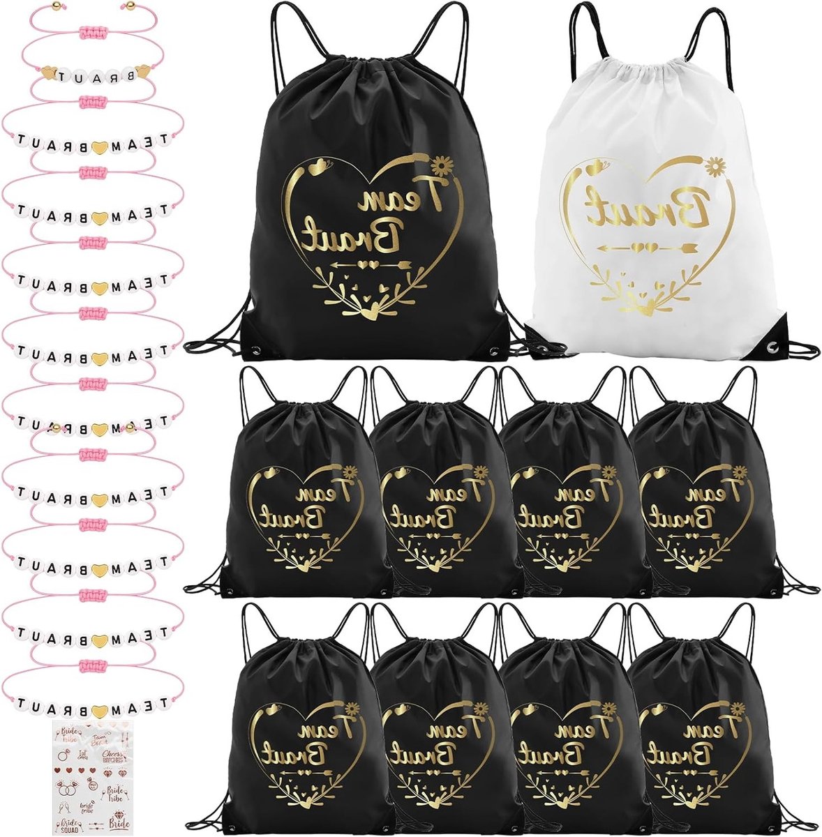 Team Bride Gym Bag met Trekkoord (42 x 33 cm) en 10 Vrouwenarmbanden voor Bachelorette Party, Bruiloft, Feest en Accessoires, Zwart