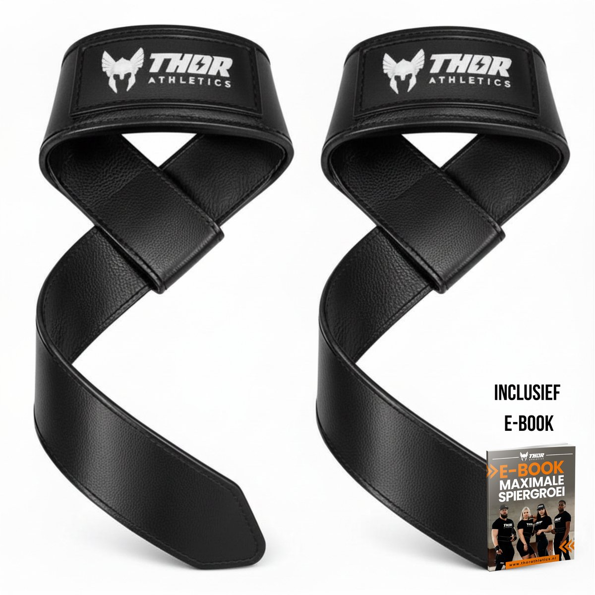Thor Athletics Lifting Straps - Leer - Krachttraining Accessoires - Powerlifting Straps - Deadlift Straps - Zwart - Extra Gestikt - Inclusief E-Book - One Size