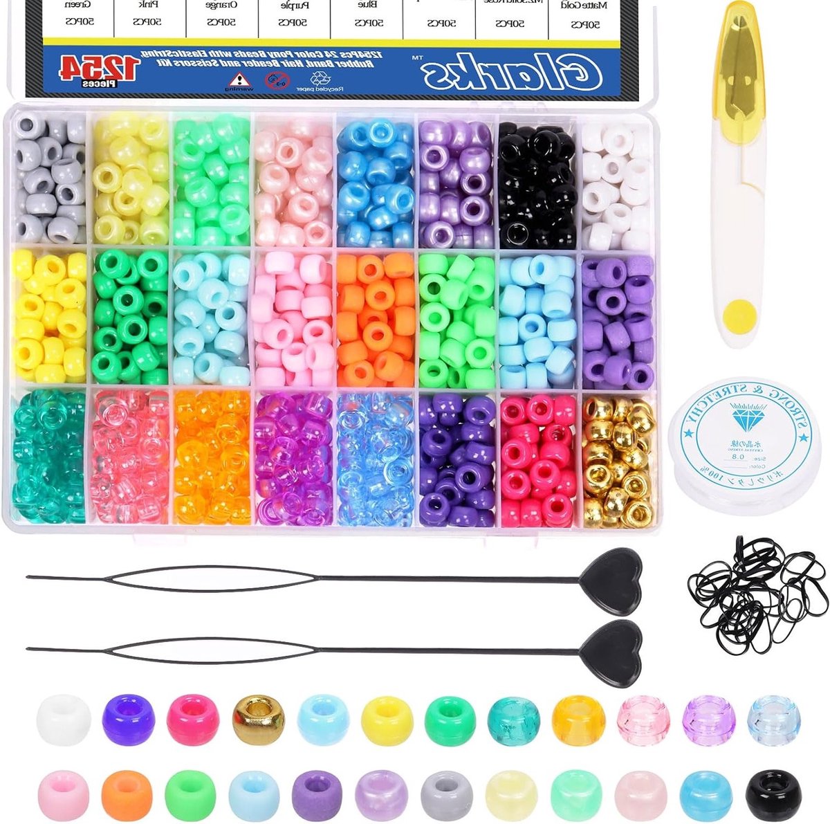24 Kleurige Haarkralen Set met Elastisch Koord en Schaar - Moeder van Parel, Transparant, Matte en Regenboog Kralen voor Haar, Vlechten en Armbanden Maken