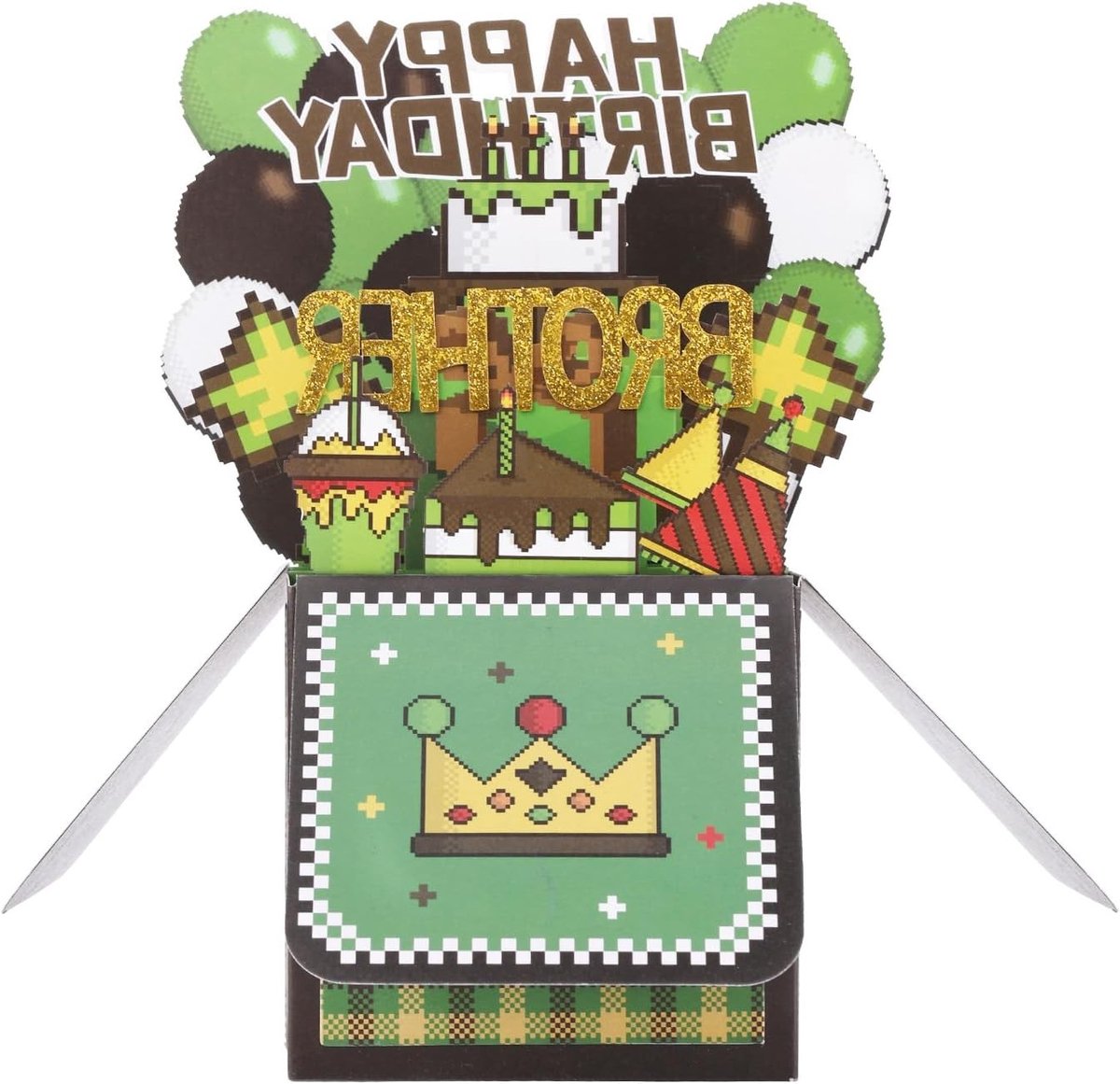 Verjaardagskaart voor Broer met 3D Pop-Up Ontwerp, Groene en Zwarte Ballonnen, Taart en Spelthema voor Feestdecoraties en Herinneringen