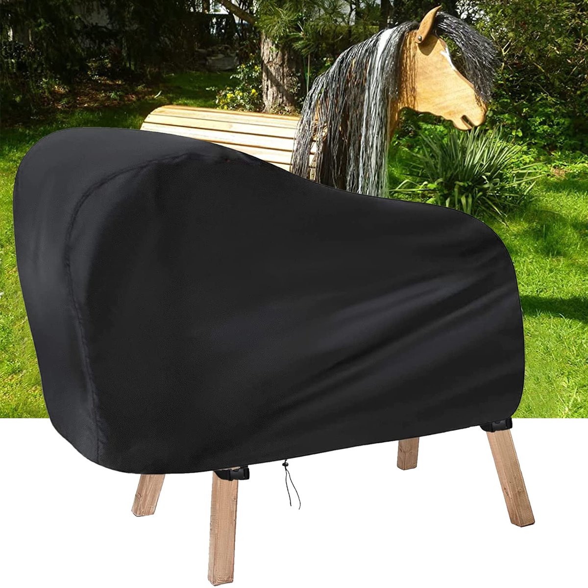 ONF3 - Houten Paard Afdekking - Waterdicht Dekzeil - 420D Oxford - Zwart - UV-bestendig - Beschermhoes voor Houten Paard - 100 x 130 x 140 cm
