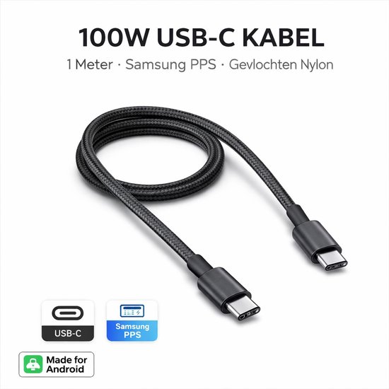 100W USB-C naar USB-C Kabel Samsung Snellader PPS Fast Charge 2.0 Galaxy S20-S25, A16-A56, 1m Zwart