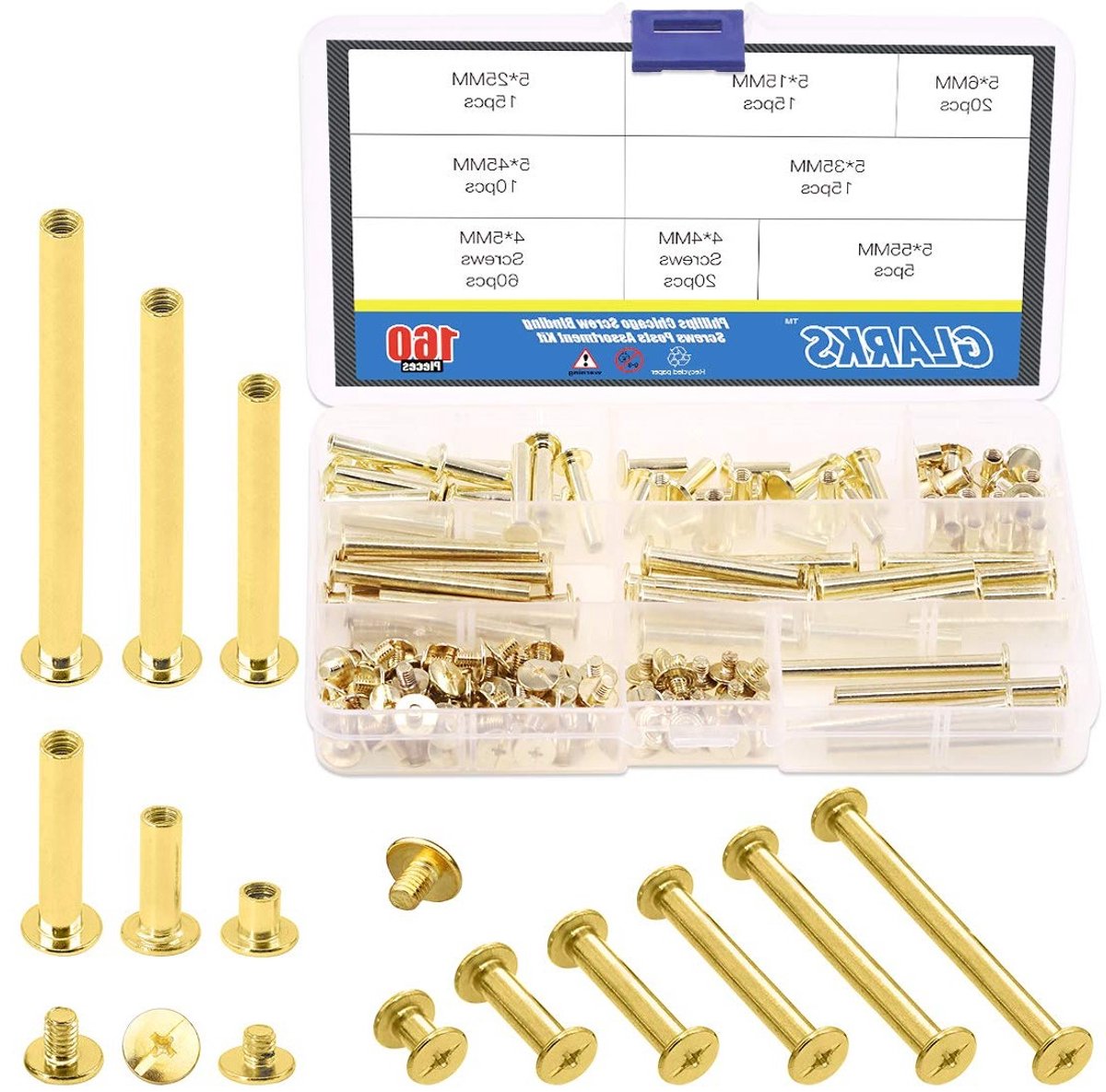 80 Sets Chicago Screws Assortiment voor Boekbinding, Leerbewerking en Fotoalbums - M5 x 6/15/25/35/45/55 Messing Bevestigingsschroeven en Rivets