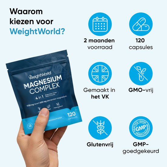 WeightWorld Magnesium Complex verpakking, 120 capsules, gemaakt in het VK, GMO-vrij, glutenvrij, GMP-goedgekeurd.