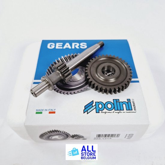 Deux engrenages métalliques, l'un avec un axe, sur une boîte avec le logo 'GEARS' et Polini.