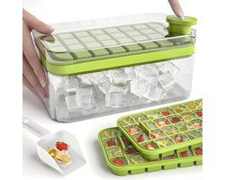 IJsblokjes vorm met bakje en deksel - 2 x 32 IJsklontjes - IJsblokmaker met schep - IJsblokjeshouder - Cube Tray - eenvoudig drukken om het ijs los te maken - Zomer - cocktail, whiskey, koffie - 23.8x13.5x10.9cm