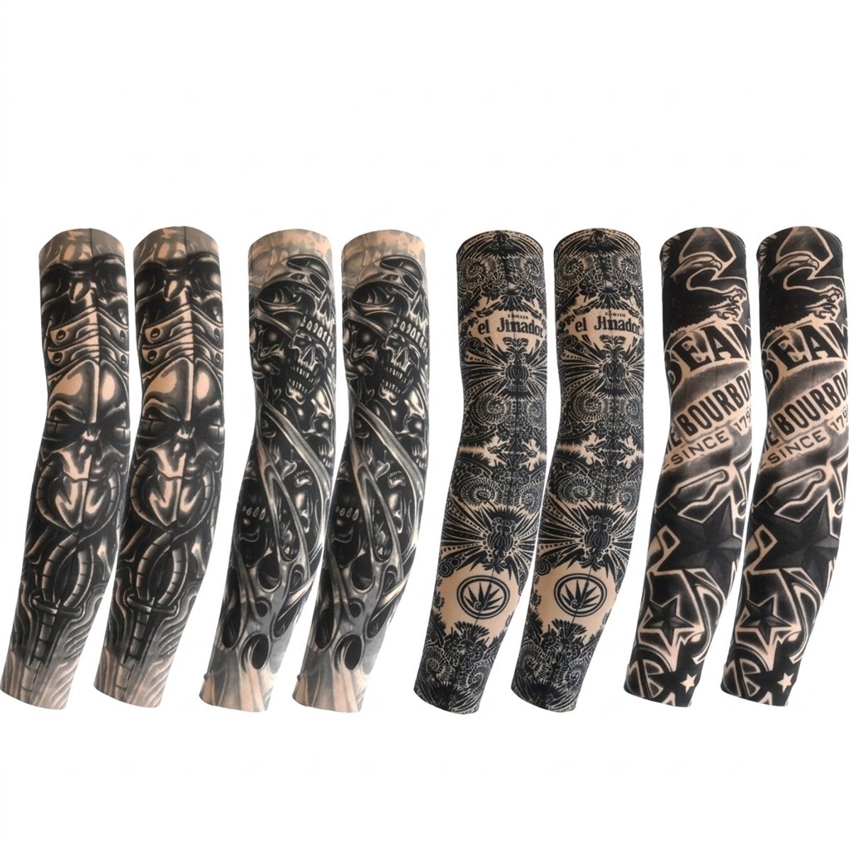 Zwart tattoo mouwen armmouwen set voor heren en dames – 8 stuks elastische tattoo sleeves met realistische tattoo print, biomechanisch patroon, schedel en ornament tattoo designs – naadloze arm sleeves