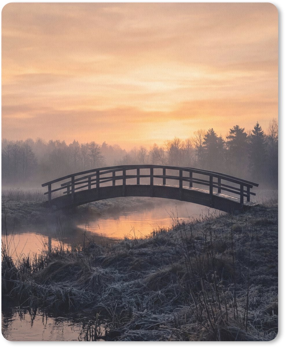 Muismat 12x16 cm - Mousepad Brug - Mist - Bomen - Water - Muismatten