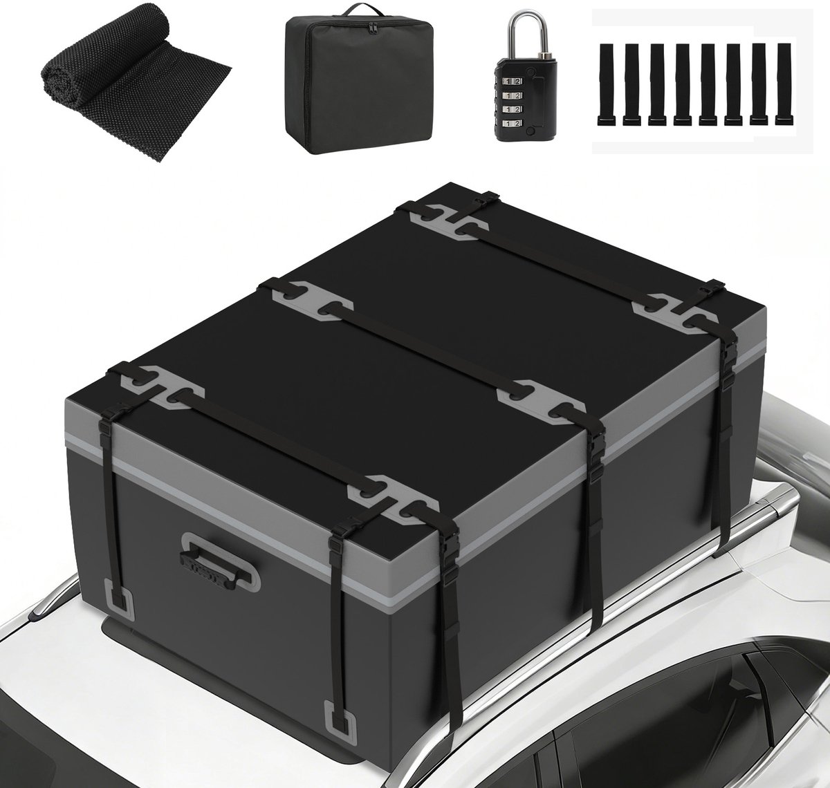 Puluomis - Dakkoffer voor de auto - 600L - waterdicht - 500D PVC - 8 riemen - 6 haken - met antislipmat - opbergtas voor alle voertuigen met/zonder bagagedrager - zwart + grijs