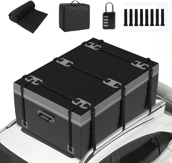 Puluomis - Coffre de toit pour voiture - 600L - étanche - PVC 500D - 8 sangles - 6 crochets - avec tapis antidérapant - sac de rangement pour tous les véhicules avec/sans barres de toit - noir + gris