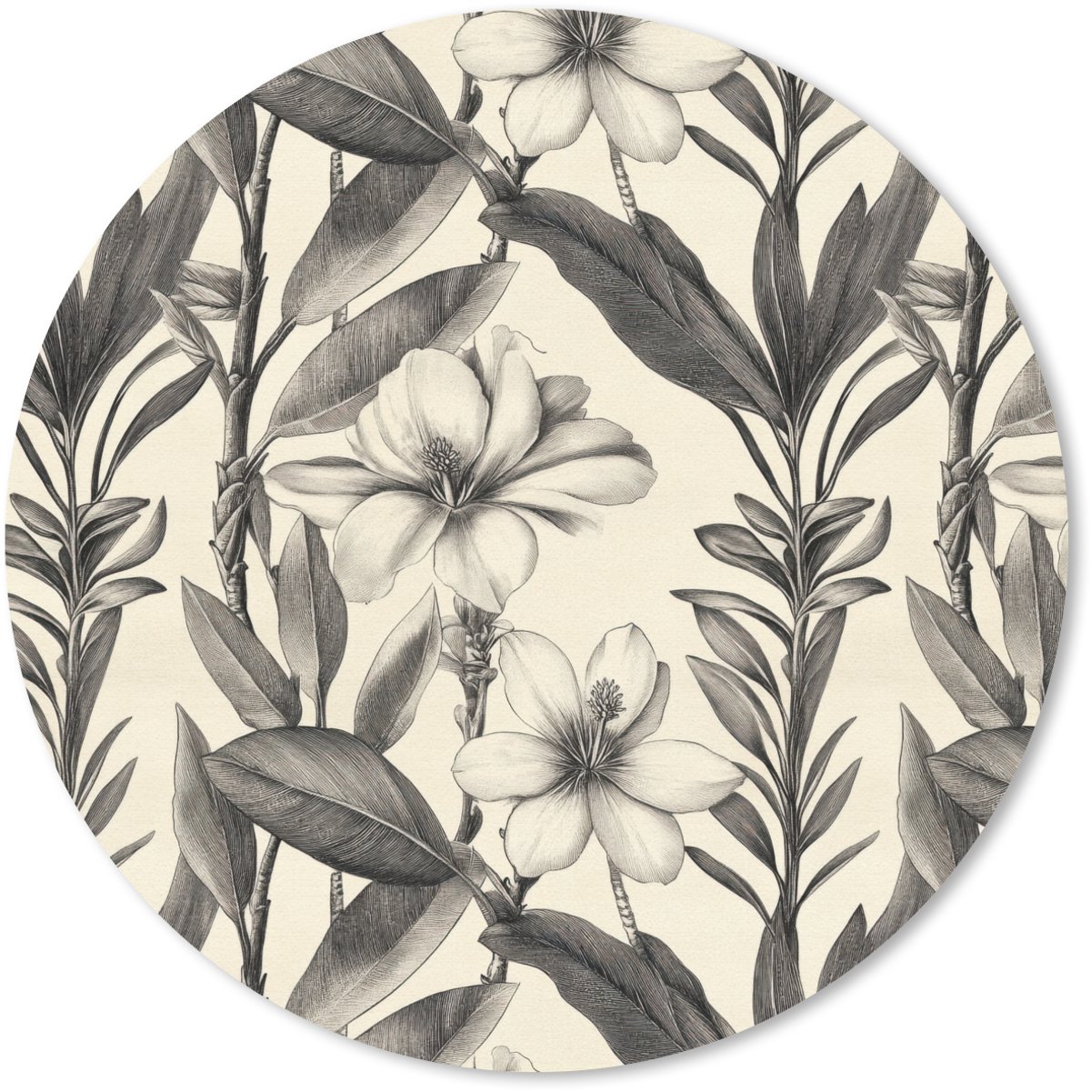 Muismat rond 30x30 cm - Mousepad Klassiek - Botanisch - Zwart - Beige - Ronde muismatten