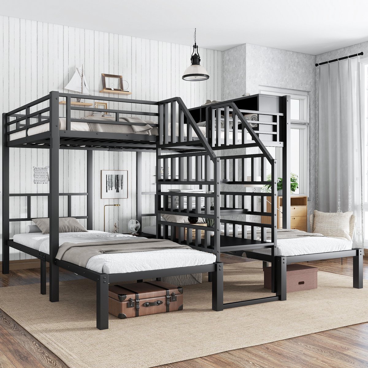 MIVRAY Metalen Stapelbed 90x200 en 140x200 cm - Drie Slaapplaatsen met Trap en Opbergruimte - Zonder Matras - Zwart