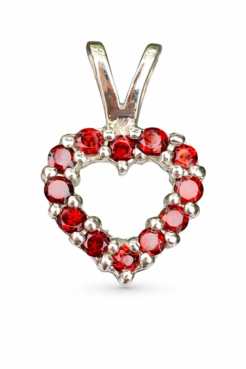 925 Zilveren Hart Hanger met Rode Granaat - Gerhodineerd - Edelsteen Hanger Dames
