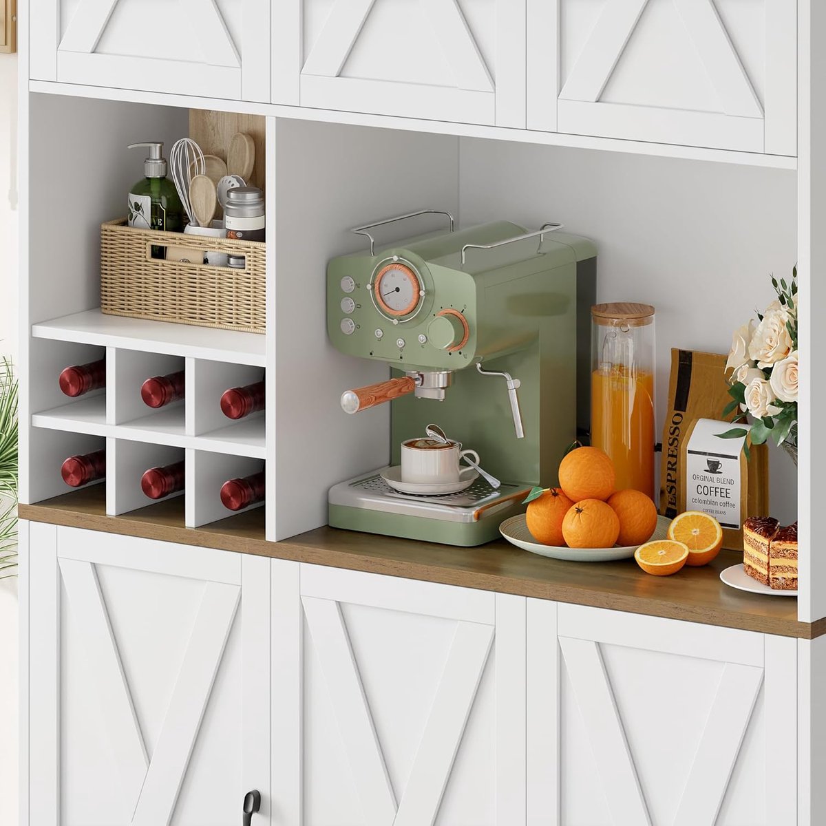 Grand-Chef Buffetkast & Koffiestation met 6 Deuren en Uitneembare Accessoires (106x37x180 cm)