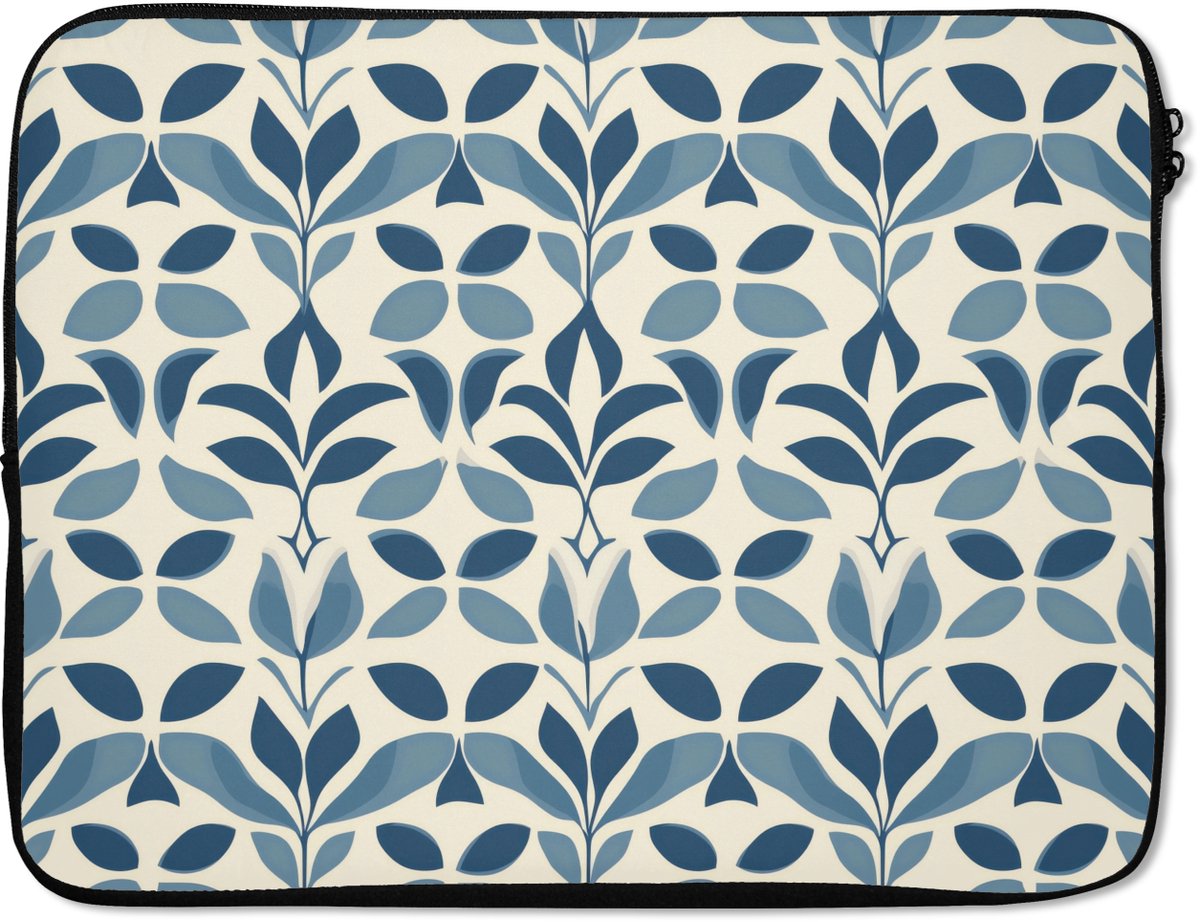 Laptophoes 15.6 inch - Flora - Modern - Blauw - Laptop sleeve - Binnenmaat 37x26 cm - Zwarte achterkant