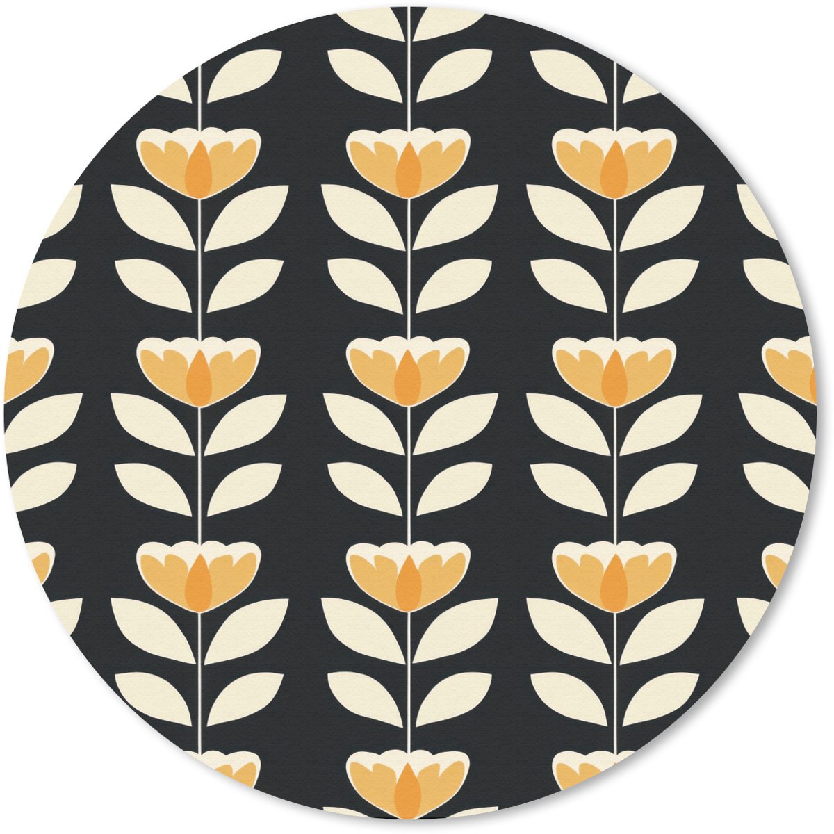 Muismat rond 30x30 cm - Mousepad Retro - Bloem - Zwart - Okergeel - Ronde muismatten