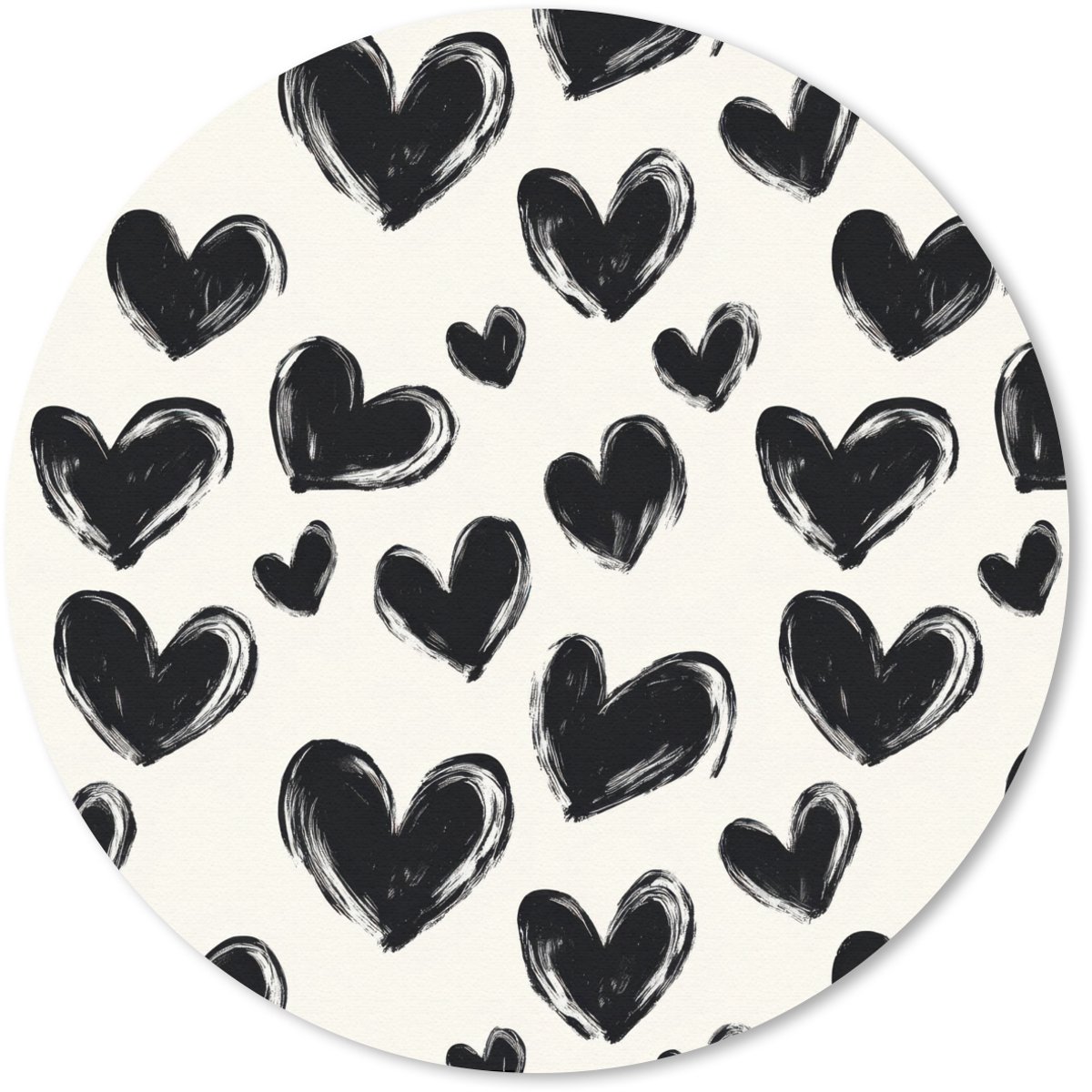 Muismat rond 50x50 cm - Mousepad Hartjes - Patroon - Zwart - Ronde muismatten