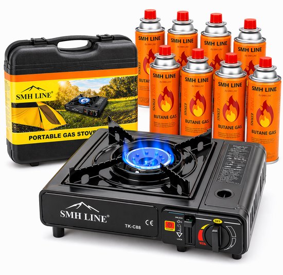 Réchaud à gaz portable SMH LINE noir avec 4 bouteilles de gaz et une mallette.