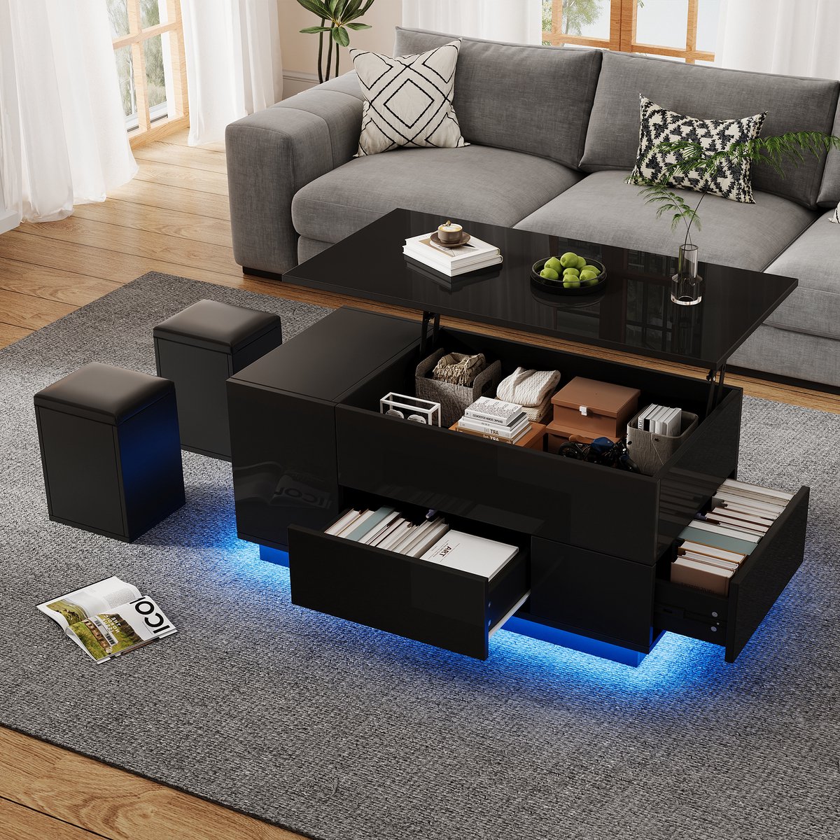 FloraGrace Salontafel - Verstelbaar Met Led En Opbergruimte - Woonkamer - Hoogglans Spaanplaat - 100x50x45 Cm - Zwart