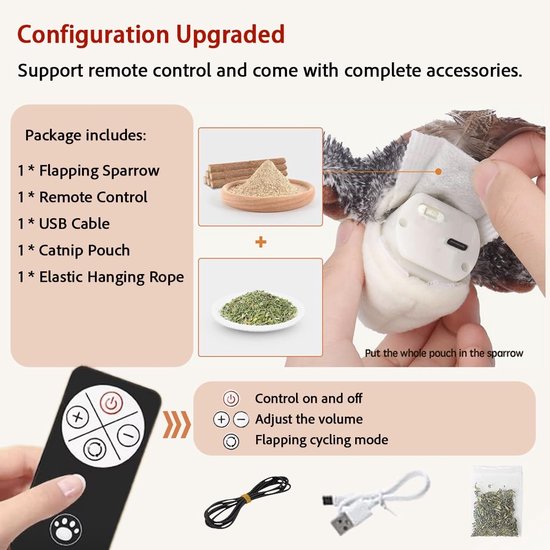 Pakketinhoud: flapperende mussen, afstandsbediening, USB-kabel, kattenkruidzakje, elastisch touw. Toont flapperende mussen en accessoires.