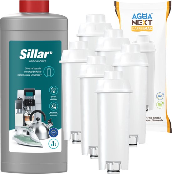 Sillar ontkalker fles en zes witte koffiefilterpatronen naast een zakje 'AGUA NEXT CAFFEMAX'.
