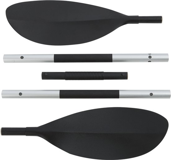 Twee zwarte peddelbladen met aluminium schachten en een middenstuk.