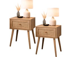 MISOU Nachtkastjes set van 2 - met Lade - 39x39x55.4cm - Nachtkastje Hout Look Bruin - Rotan - Bedside Table - BALI
