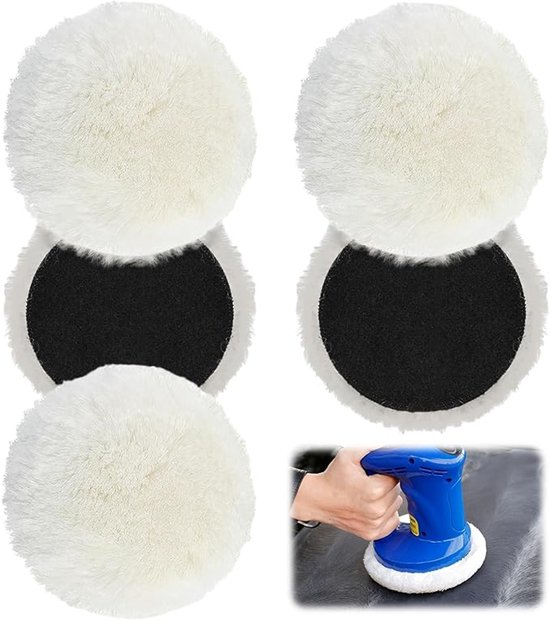 Vier witte polijstpads, twee boven elkaar met zwarte achterkant, en een afbeelding van een blauwe polijstmachine in gebruik.