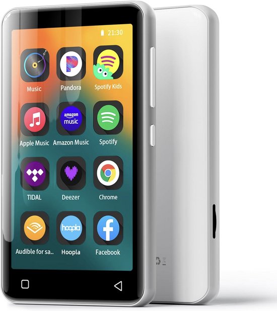 Zilveren MP3-speler met een 4-inch touchscreen met app-icoontjes: Music, Pandora, Spotify Kids, Apple Music, Amazon Music, Spotify, Tidal, Deezer, Chrome, Hoopla, Facebook.