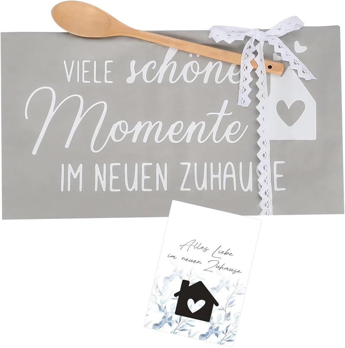 Housewarming Gift Set - Tea Towel with Saying - New Home - Tea Towel Card - Cooking Spoon Made of Wood - Lace Tape - Perfect Gift for Housewarming