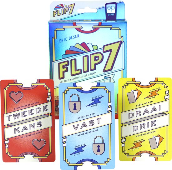Doos van het spel Flip 7. Op de doos staat 'ERIC OLSEN FLIP 7 HET BESTE KAARTSPEL ALLER TIJDEN!'. Drie kaarten liggen voor de doos: rood, blauw en geel.