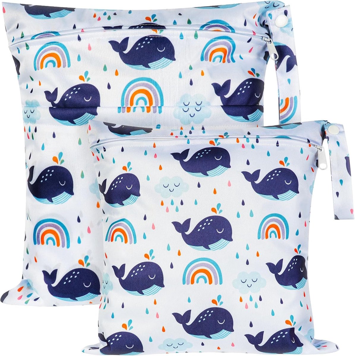 Wasbare Luiertas - 2 Stuks Droog Nat Zak - Waterdichte Herbruikbare Organizer voor Luiers - Zwemkleding of Vuil Wasgoed - Met Rits Sluiting - Walvis Stijl