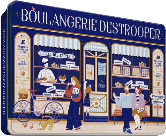 Jules Destrooper Koektrommel met Koekjes 350 g - Retro Koekjestrommel luchtdicht met koekjesmix van Natuurboterwafels en Amandelbrood koekjes voor bij de koffie - Authentieke retro koekjespot - Boulangerie