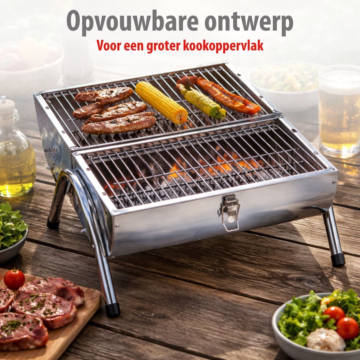 alpina Houtskool BBQ - Draagbare BBQ met Handgreep - Barbecue Camping met Ventilatie En Sluitclip - Houtskoolbarbecue Compact 38 x 30 x 19 cm - RVS – foto 5
