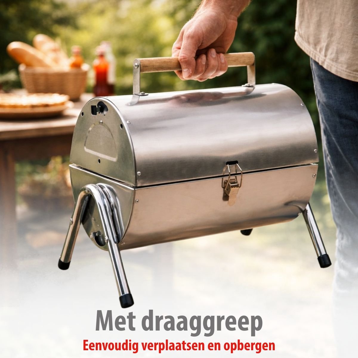 alpina Houtskool BBQ - Draagbare BBQ met Handgreep - Barbecue Camping met Ventilatie En Sluitclip - Houtskoolbarbecue Compact 38 x 30 x 19 cm - RVS – foto 6
