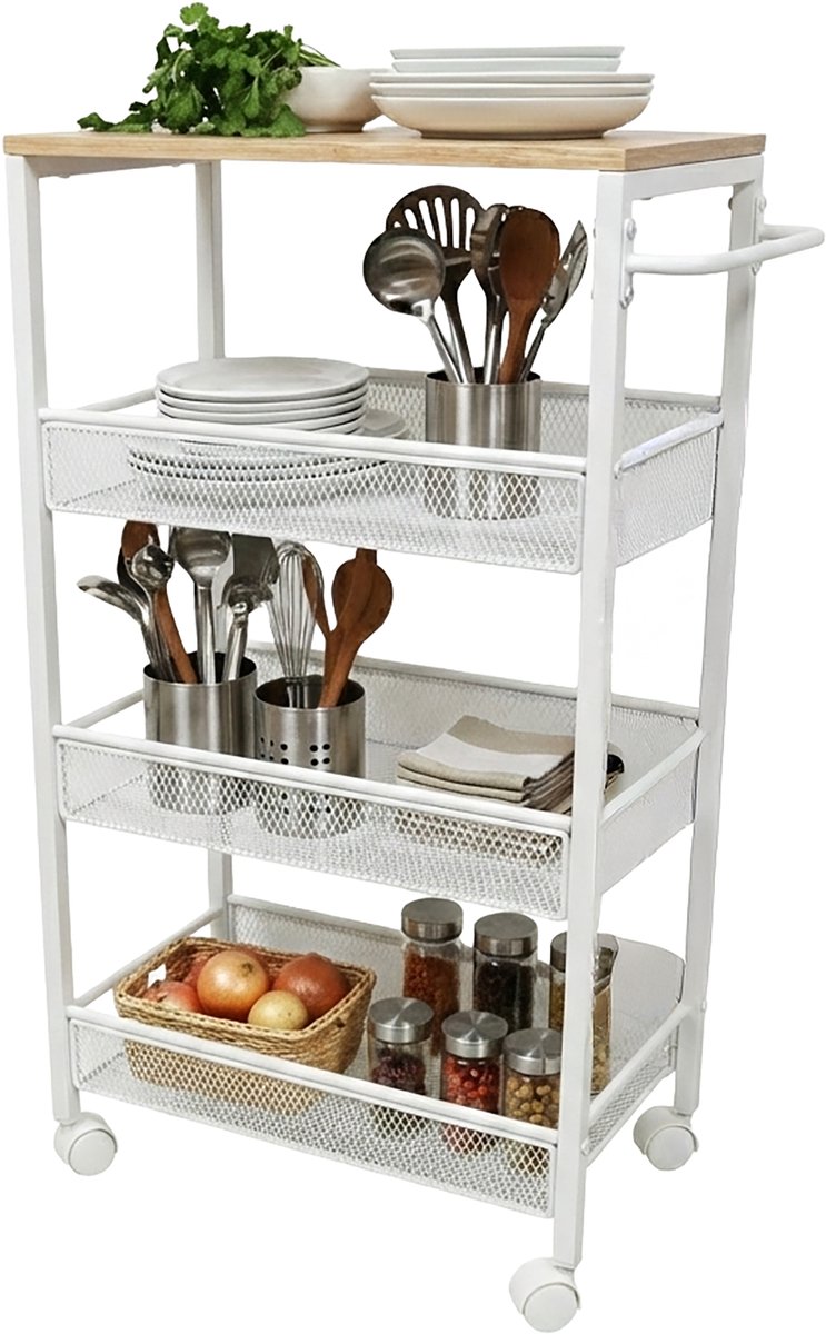 Niswagen - hout - naturel-wit - 22x77x45 cm - met wielen - met opbergruimte