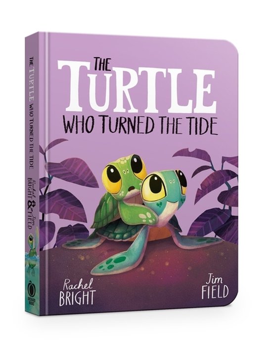 Boek "The Turtle Who Turned The Tide" met twee schattige zeeschildpadden op een paarse achtergrond met planten.